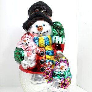 TRADITIONS LARGE HANDPAINTED GLASS SNOWMAN FIGURINE WOOD BASE 18" VINTAGE
